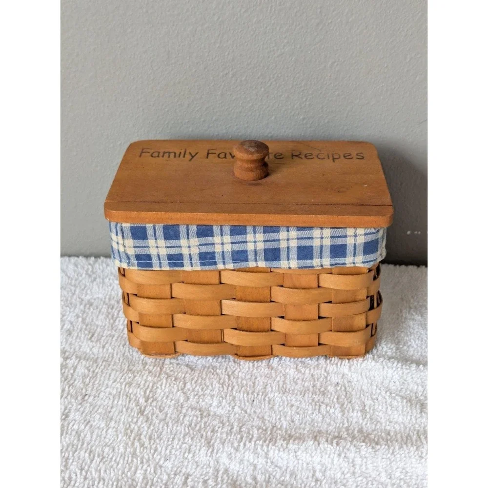 VTG Wooden Woven Favorite Recipe Basket Box Plaid Liner Cottage Core Farmhouse